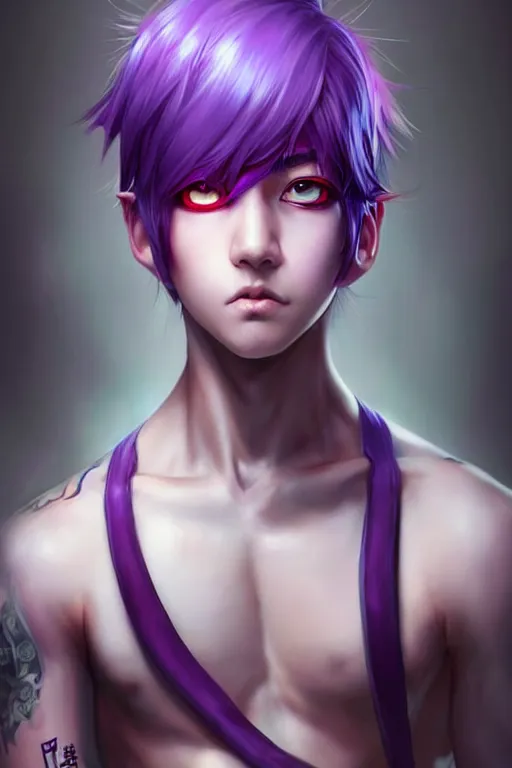 Image similar to gorgeous!!! hyper - realistic teenager boy with purple hair, purple eyes with red eye markets, slim body, wearing combat japanese clothes, holding a fan | drawn by wlop, drawn by jeehyung lee, drawn by artgerm | intricate, highly detailed, digital painting, character design, concept art, illustration, artstation