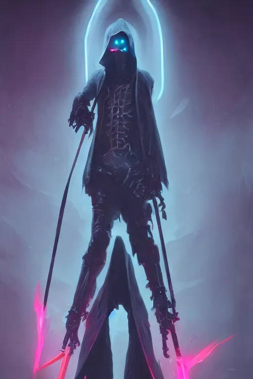 Image similar to portrait of a neon grim reaper wielding a scythe, visible aura of madness distorting the surroundings, occult details, greg rutkowski style, high quality, 8 k,