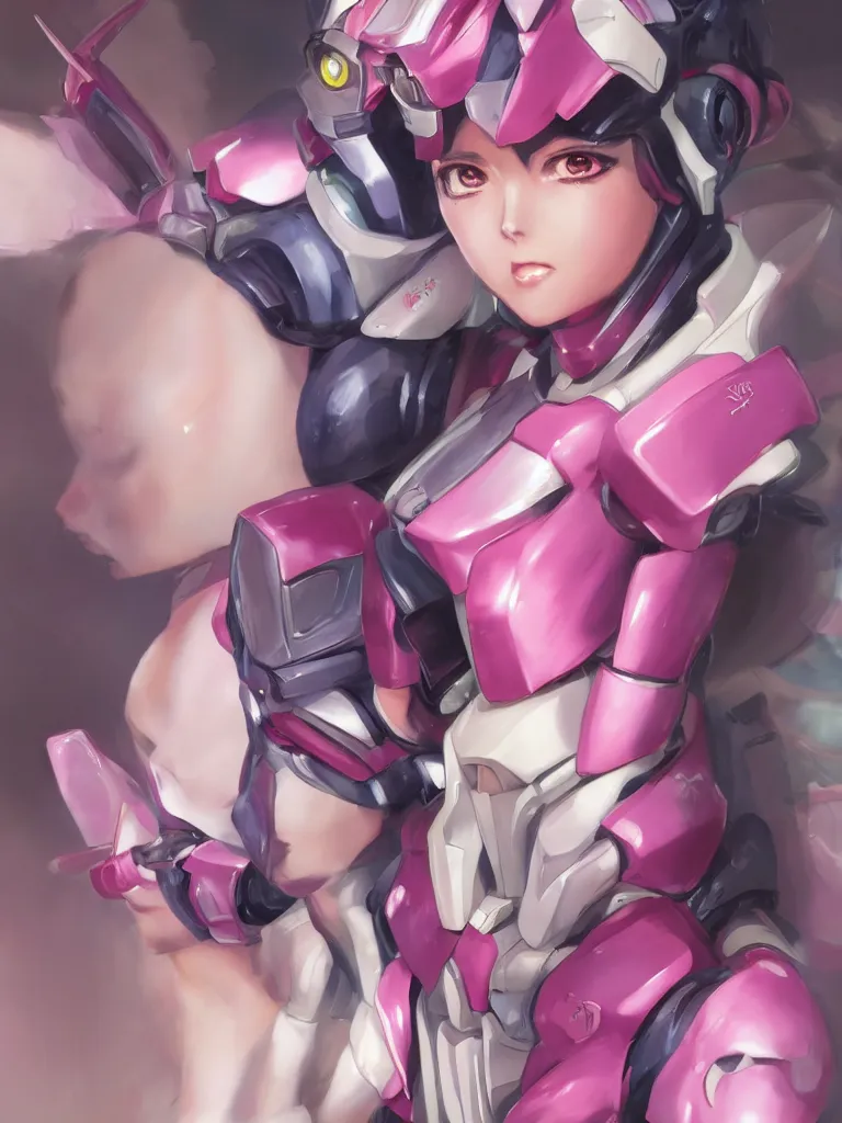 Prompt: A realistic anime portrait of a woman in a Gundam suit with glowing pink, digital painting, by Stanley Artgerm Lau, Sakimichan, WLOP and Rossdraws, digtial painting, trending on ArtStation, SFW version