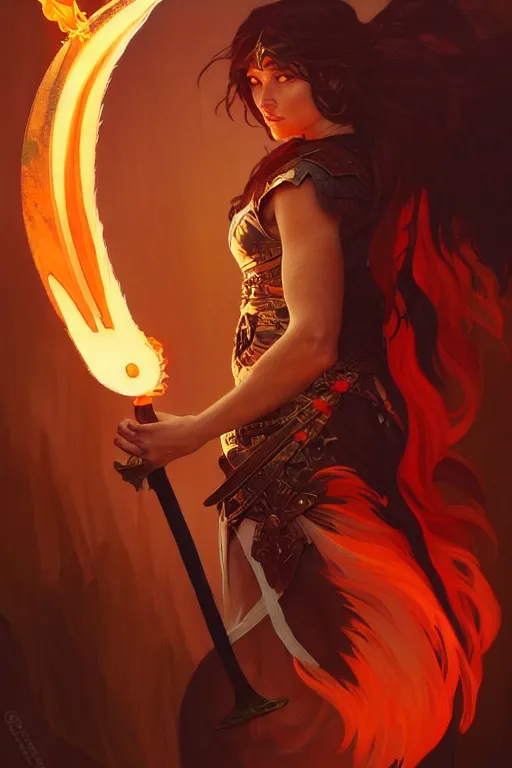 Image similar to a beautiful warrior woman with a fire sword, fantasy, sharp focus, intricate, elegant, digital painting, artstation, matte, highly detailed, concept art, illustration, ambient lighting, art by ilya kuvshinov, artgerm, Alphonse mucha, and Greg Rutkowski