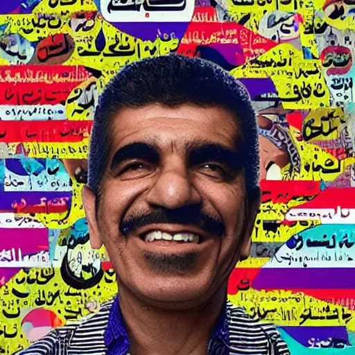 Prompt: omar souleyman in the style of daniel johnston and outsider art, collage with arabic advert text, 4k