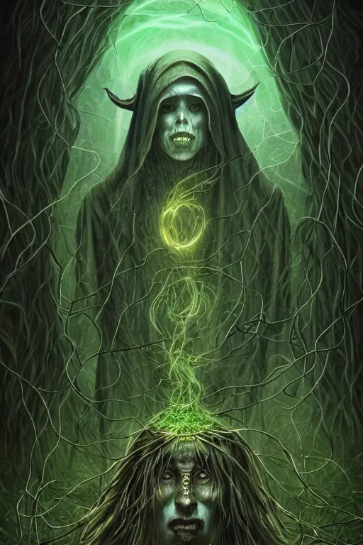 Prompt: A full body portrait of a ghost like shaman with no face, glowing eyes and a very long hooded dark green cloak of leaves and vines, forest spirits flying in the background art by Shaddy Safadi and Jason Chan, ominous, cosmic horror, trending on artstation, Ultra detailed, hyper realistic 4k