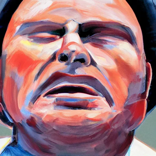 Prompt: low angle of the butcher's face, closeup of a butcher working, artwork by craig bullins