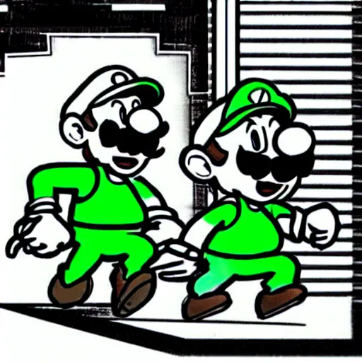 Image similar to mario and luigi chasing walter white in the mushroom kingdom, realistic, black and white