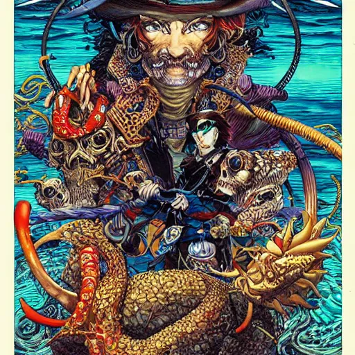 Prompt: portrait of crazy pirate with fishes around, symmetrical, by yoichi hatakenaka, masamune shirow, josan gonzales and dan mumford, ayami kojima, takato yamamoto, barclay shaw, karol bak, yukito kishiro