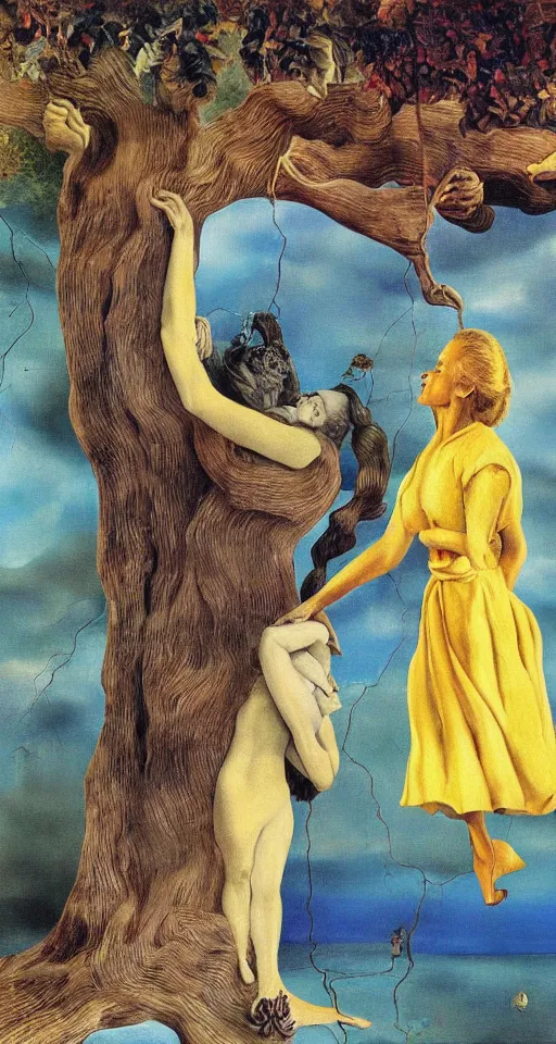 Image similar to Marie Curie hugging a tree, surreal oil painting by Salvador Dalí