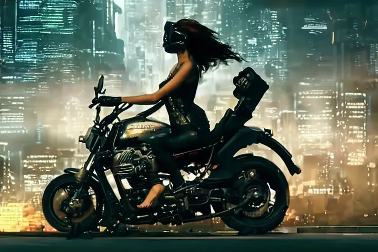 Image similar to cinematography of beautiful cyberpunk woman on motorcycle by Emmanuel Lubezki