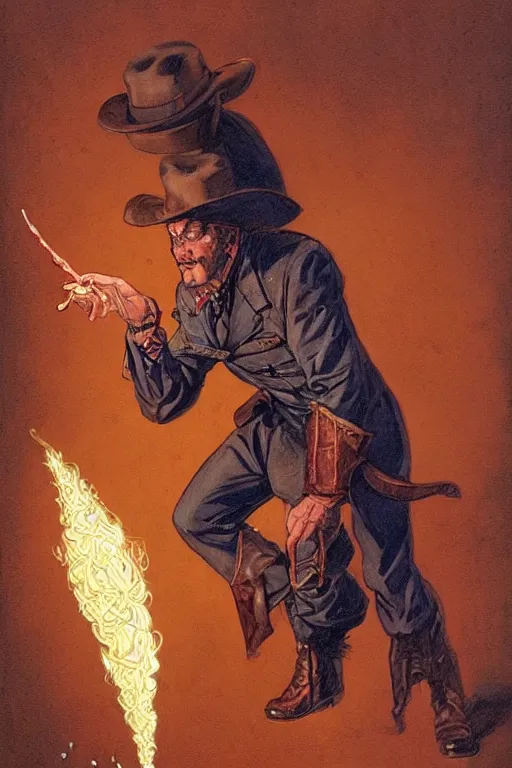 Image similar to vernon. Smug old west circus firebreather. concept art by James Gurney and Mœbius.