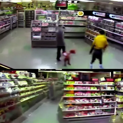 Image similar to cctv footage of a pokemon battle inside a deli, security cam footage