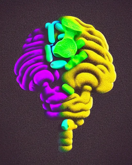 Prompt: awesome logo of a brain and mushroom and pills with dank techno. synthwave colours. in the style of spirited away, hyperrealism, lush detail, award winning, trending on behance