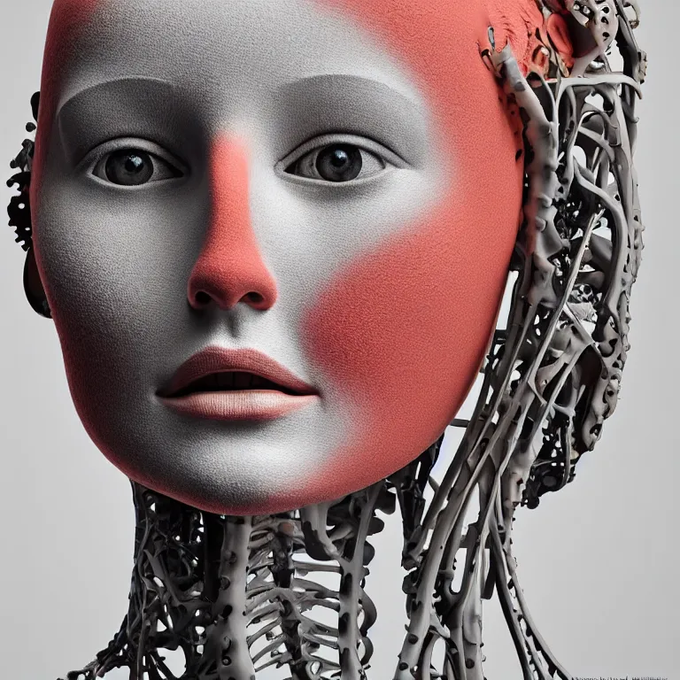 Prompt: portrait of beautiful!! horizontally symmetrical!! ceramic woman's head with coral!! reef hair. mechanical skeleton, biomechanical android. soft light painted by moebius, inspired by mary jane ansell, smooth face feature, horizontal symmetry!!!, intricate, studio photography, high detail