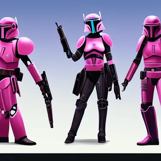 Image similar to bo katan, koska reeves, and a very fancy female mandalorian in a pink suit and bedazzled helmet. digital art. photo realistic. 4 k. intricate. detailed. by krenz cush art simon fetscher.