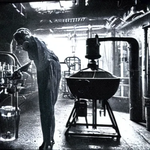 Image similar to a skeleton working in a distillery. still from blade runner