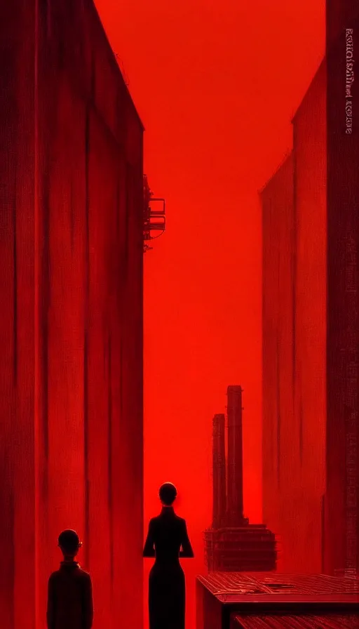 Image similar to only with red, a giant weird industrial zone with strange lights in the background, in the style of beksinski, by edward hopper and rodcenko and yue minjun and cory loftis, intricate and epic composition, red by caravaggio, highly detailed, masterpiece, red light, artstation, art nouveau