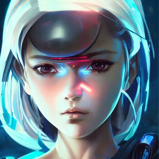 Image similar to A cyberpunk cyborg girl with big and cute eyes, fine-face, realistic shaded perfect face, fine details. Very anime. Realistic shaded lighting poster by Ilya Kuvshinov katsuhiro, magali villeneuve, artgerm, Jeremy Lipkin and Michael Garmash, Rob Rey and Kentarõ Miura style, trending on art station