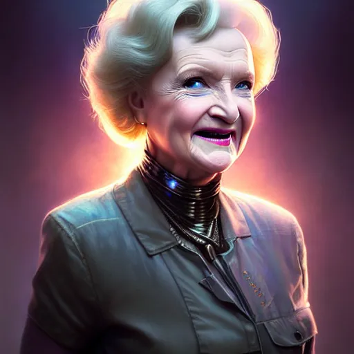 Image similar to portrait, cyberpunk young betty white, unreal engine realistic render, 8 k, micro detail, intricate, elegant, highly detailed, digital painting, artstation, smooth, sharp focus, illustration, artgerm, tomasz alen kopera, peter mohrbacher, donato giancola, joseph christian leyendecker, wlop, boris vallejo