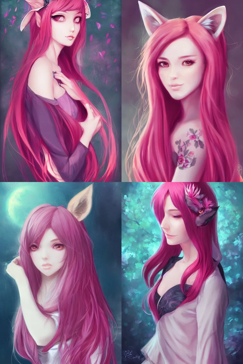 Prompt: centered detailed portrait of a beautiful shy woman with medium fuschia hair and fox ears, by Ross Tran. Anime