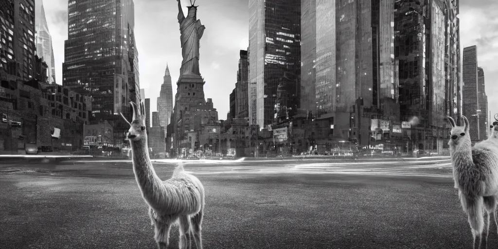 Image similar to a llama walking away from the camera into a desolate manhattan city street at night, statue of liberty seen in the background, realistic 4 k octane beautifully detailed render, 4 k post - processing, highly detailed, detailed face, intricate complexity, epic composition, magical atmosphere, cinematic lighting, masterpiece, ultra hd