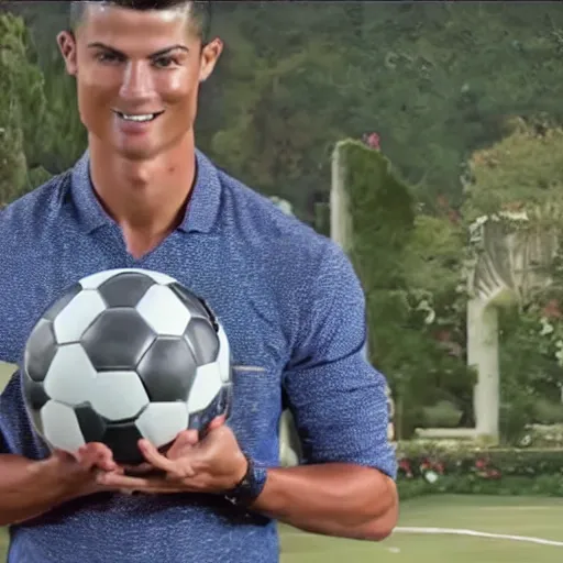 Image similar to a screenshot from the antiques roadshow, cristiano ronaldo with a priceless soccer ball, uhd, 8k,