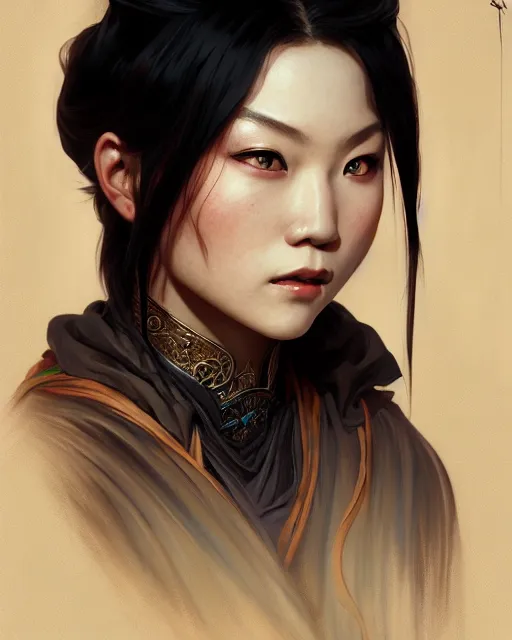 Prompt: Portrait of a female thief, chinese face features, dark fantasy, intricate, elegant, highly detailed, digital painting, artstation, concept art, smooth, sharp focus, illustration, art by Sam Youn and Fernanda Suarez and Artem Demura and alphonse mucha