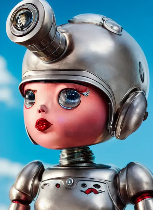 Image similar to highly detailed closeup, face profile portrait of a retro 1 9 5 0 s tin toy robot spacegirl wearing a bikini, unreal engine, nicoletta ceccoli, mark ryden, earl norem, lostfish, global illumination, detailed and intricate environment