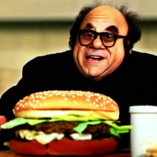 Image similar to Danny DeVito devouring a Big Mac