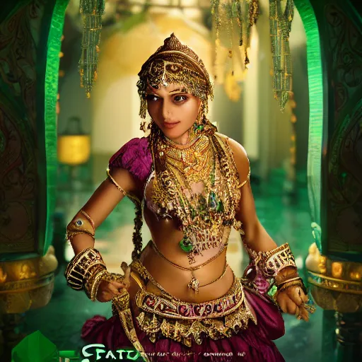 Prompt: photograph of wonderful princess with smooth fair skin, hindi, green jewelry, breathtaking, elegant, ornate, intricate, hyper detailed, accent lighting, dramatic light, 4 k octane render