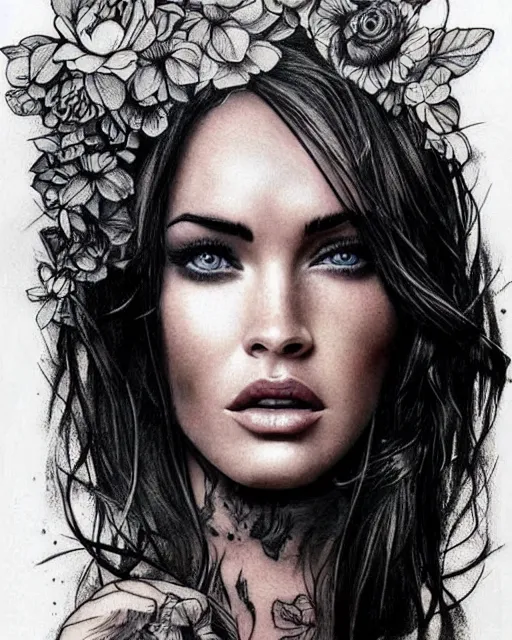 Image similar to double exposure effect tattoo design sketch of megan fox with amazing mountain scenery, realism tattoo, in the style of den yakovlev, amazing detail, sharp