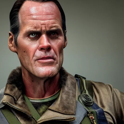 Image similar to hyperrealistic dslr film still of jim carey in full metal jacket, stunning 8 k octane comprehensive 3 d render, inspired by istvan sandorfi & greg rutkowski & unreal engine, perfect symmetry, dim volumetric cinematic lighting, extremely hyper - detailed, extremely lifelike attributes & lifelike texture, intricate, masterpiece, artstation, stunning