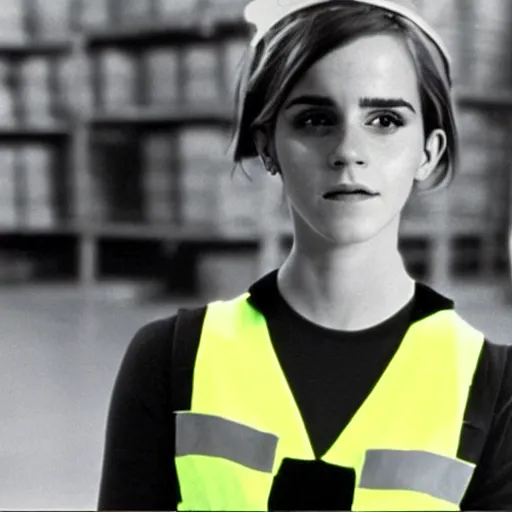 Image similar to photo, close up, emma watson in a hi vis vest, in warehouse, android cameraphone, film still from 1 9 7 4 movie, 2 6 mm,