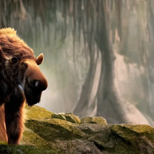 Image similar to a photograph of sabertooth moose cub. live action still from avatar the last airbender ( 2 0 2 5 ). color harmony, 8 k detail, gallery quality, hd wallpaper, premium prints available.