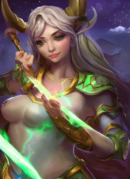 Image similar to soraka with magic wand on her hand healing the ones harmed, from league of legends, green aura from her wand, hyper detailed, digital art, trending in artstation, cinematic lighting, studio quality, smooth render, unreal engine 5 rendered, octane rendered, art style by klimt and nixeu and ian sprigger and wlop and krenz cushart