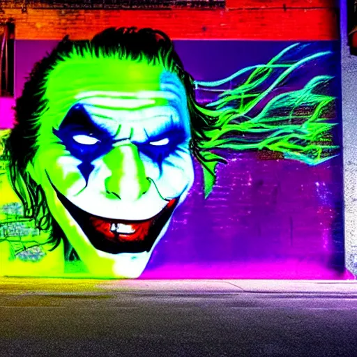 Image similar to florescent glowwave graffiti of the joker on a street wall, glow wave