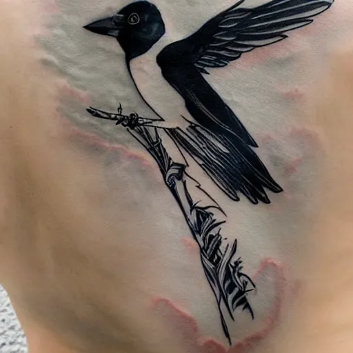 Prompt: back piece tattoo of a magpie flared out holding a pennant in it's claws, high detail
