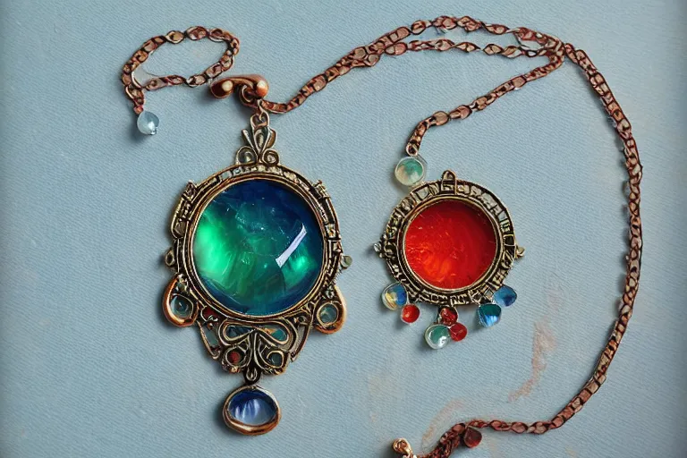 Prompt: highly detailed oil painting, very realistic gemstones, symmetrical, art nouveau, ornate, delicate, brilliant colors of the sea gemstone necklace, dramatic light,