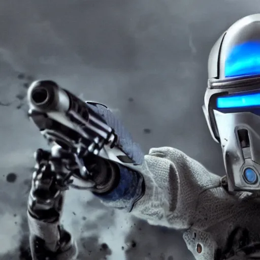 Image similar to close up photograph of an old man who is a veteran of many futuristic wars with short gray hair and blue eyes. he is wearing a white futuristic suit of heavy combat armor and holding a blaster in one hand and a plaster plazma - proof shield in the other. riding a white armored motorcycle charging into enemy lines while firing plasma bolts.