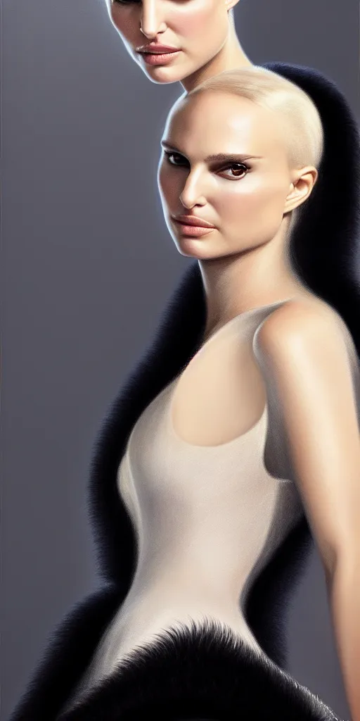 Image similar to Natalie Portman, wearing an evening gown, vera wang couture, very detailed portrait, ultrarealistic, dramatic lighting, electrical details, high details, 4k, 8k, best, accurate, trending on artstation, fur, artstation, photorealism, ultrarealistic, digital painting, style of Dali, Caravaggio, Boris Vallejo