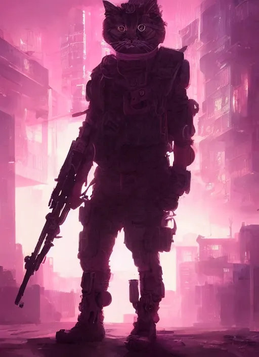 Image similar to a full body portrait of a futuristic cyberpunk british longhair cat soldier in war scene, epic lighting, pink vibe, ultra detail, hd, by greg rutkowski