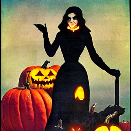 Prompt: vampire woman shopping for pumpkins, 1960s retro sci fi pulp art,