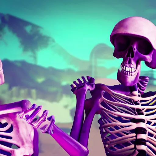 Prompt: a skeleton yelling at his teammate over xbox live, vivid, detailed, outrun, synthwave, vaporwave