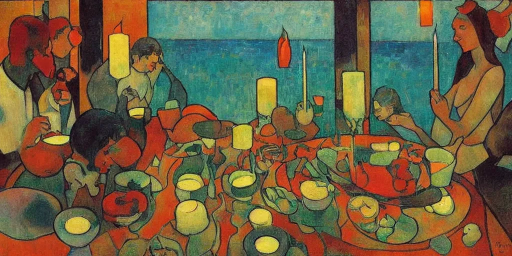 Image similar to a party at midnight, modern indoors, bay area, candles, hot tub, friendship, hope, art by paul gaugin