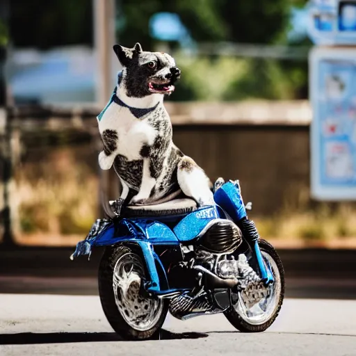 Image similar to blue heeler dog on a motorcycle, 8 k photography, blurred background of a wafflehouse