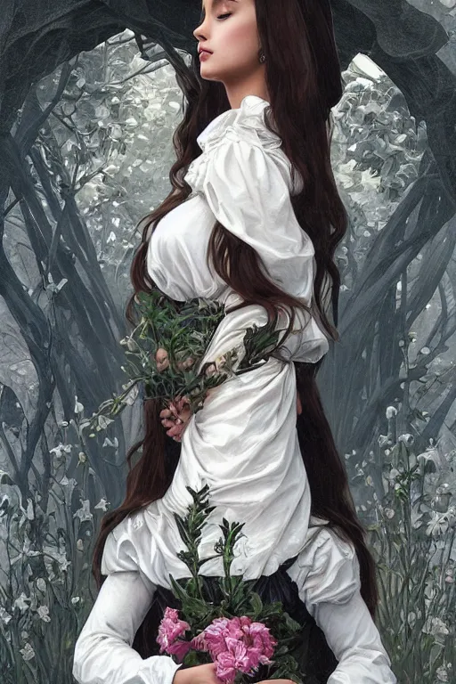Image similar to beautiful cottagecore Ariana Grande holding a white colored vase. intricate, elegant. the background is black and white !. highly detailed, digital painting, artstation, concept art, smooth, sharp, focus, illustration. . art by artgerm and greg rutkowski and alphonse mucha