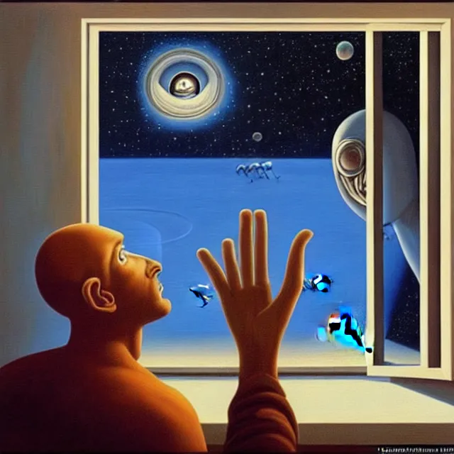 Prompt: an oil on canvas portrait of a man waking up and an alien is looking in through the window, surrealism, surrealist, lovecraftian, cosmic horror, rob gonsalves, high detail