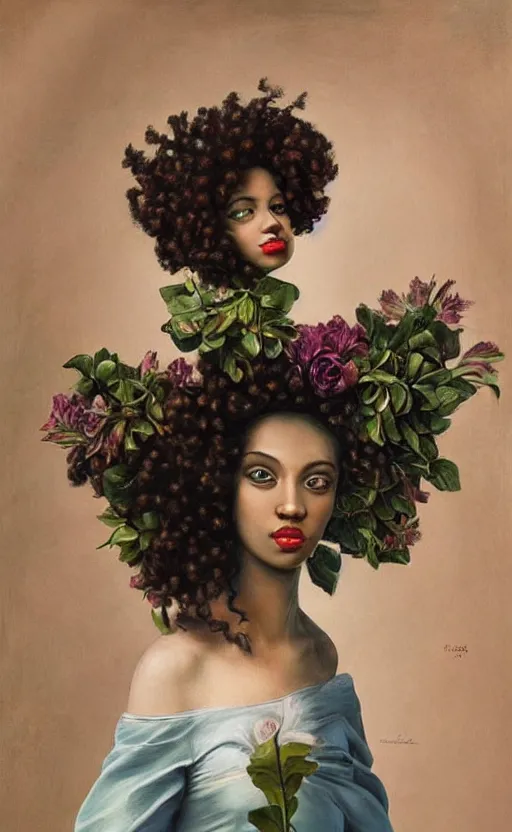 Image similar to surrealism, beautiful black woman with curly hair, holding flowers, hyper realism, muted colours, rococo