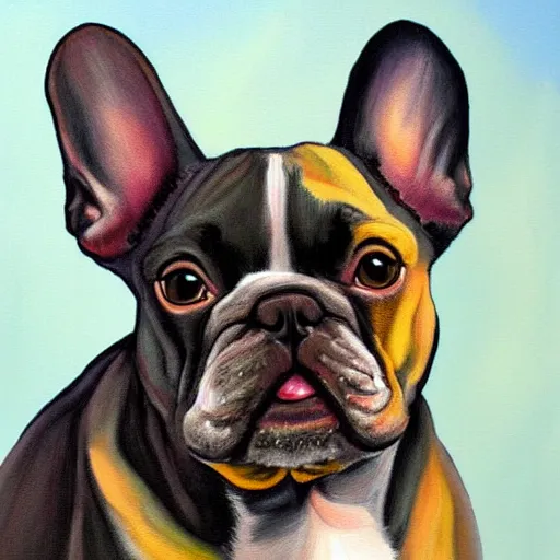 Image similar to french bulldog painting in the style of mona lisa