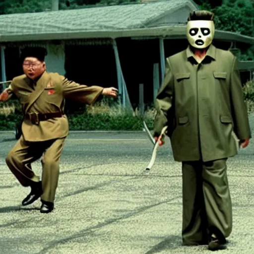 Image similar to a still of Kim Jong-il as Jason Voorhees, north Korean slasher, iconic hockey mask, machete