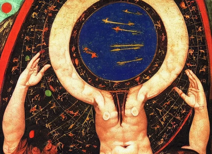 Prompt: A shaman holding up the universe, by Paolo Uccello, reflection, symbolist, soft colors, dramatic lighting, smooth, sharp focus, extremely detailed, aesthetically pleasing composition