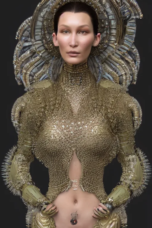 Image similar to a highly detailed medium shot 8 k render portrait of an alien goddess bella hadid in iris van herpen dress schiaparelli armor in diamonds and lots of jewelry in style of alphonse mucha trending on artstation made in unreal engine 4