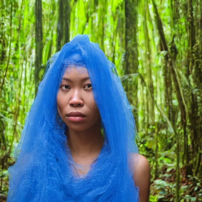 Image similar to closeup portrait of a woman wrapped in blue fiber, standing in a rainforest, color photograph, by vincent desiderio, canon eos c 3 0 0, ƒ 1. 8, 3 5 mm, 8 k, medium - format print